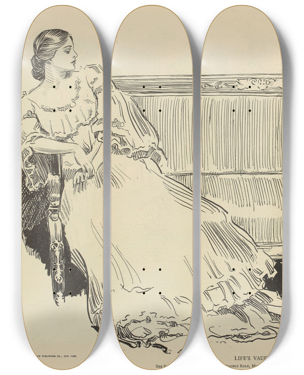 Triptych art skateboard deck of Charles Dana Gibson Lifes Vaudeville by Charles Dana Gibson (1867-1944)