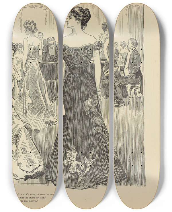 Triptych art skateboard deck of Charles Dana Gibson Oh Hes Horrid I Cant Bear To Look At Him by Charles Dana Gibson (1867-1944)