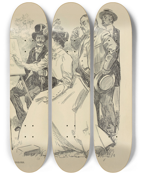 Triptych art skateboard deck of Charles Dana Gibson She Goes Into Colors by Charles Dana Gibson (1867-1944)