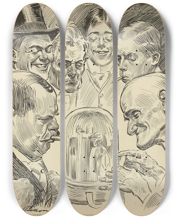 Triptych art skateboard deck of Charles Dana Gibson Some Ticker Faces by Charles Dana Gibson (1867-1944)