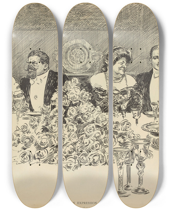 Triptych art skateboard deck of Charles Dana Gibson Studies In Expression Showing A Newly Engaged Couple At A Large Dinner Party by Charles Dana Gibson (1867-1944)