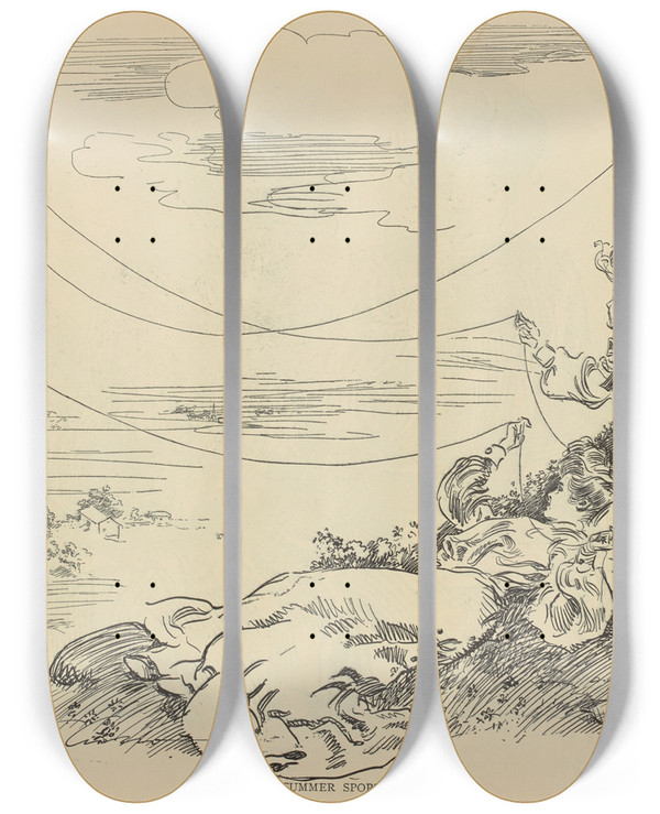 Triptych art skateboard deck of Charles Dana Gibson Summer Sports_2 by Charles Dana Gibson (1867-1944)