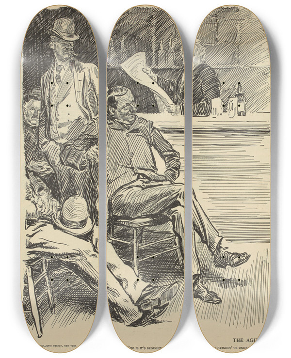 Triptych art skateboard deck of Charles Dana Gibson The Agitator by Charles Dana Gibson (1867-1944)