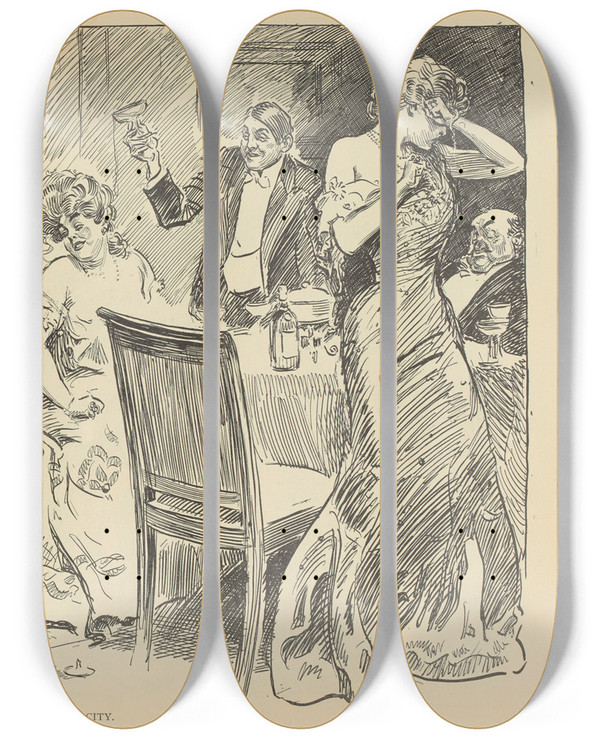 Triptych art skateboard deck of Charles Dana Gibson Their Daughter In The City by Charles Dana Gibson (1867-1944)