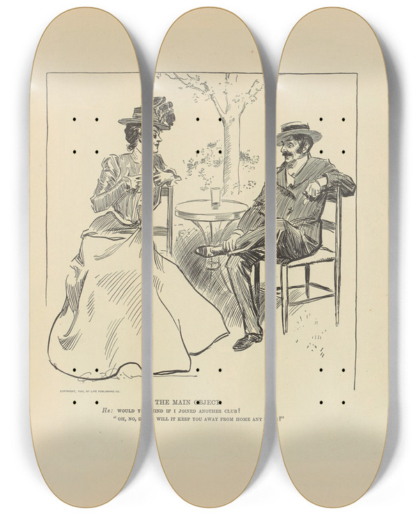 Triptych art skateboard deck of Charles Dana Gibson The Main Object The Song Of The Debutante by Charles Dana Gibson (1867-1944)