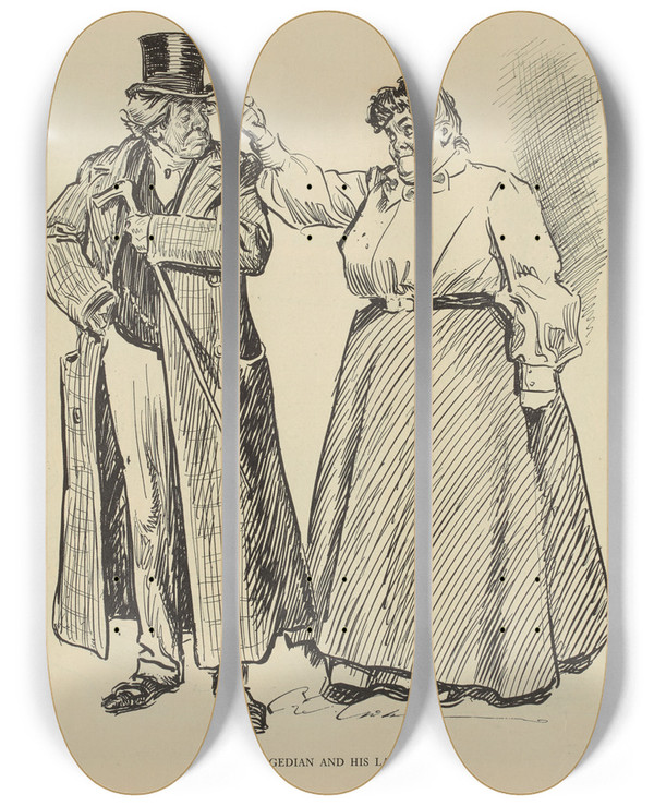 Triptych art skateboard deck of Charles Dana Gibson The Tragedian And His Landlady by Charles Dana Gibson (1867-1944)
