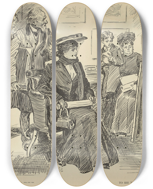 Triptych art skateboard deck of Charles Dana Gibson To See The Art Editor by Charles Dana Gibson (1867-1944)