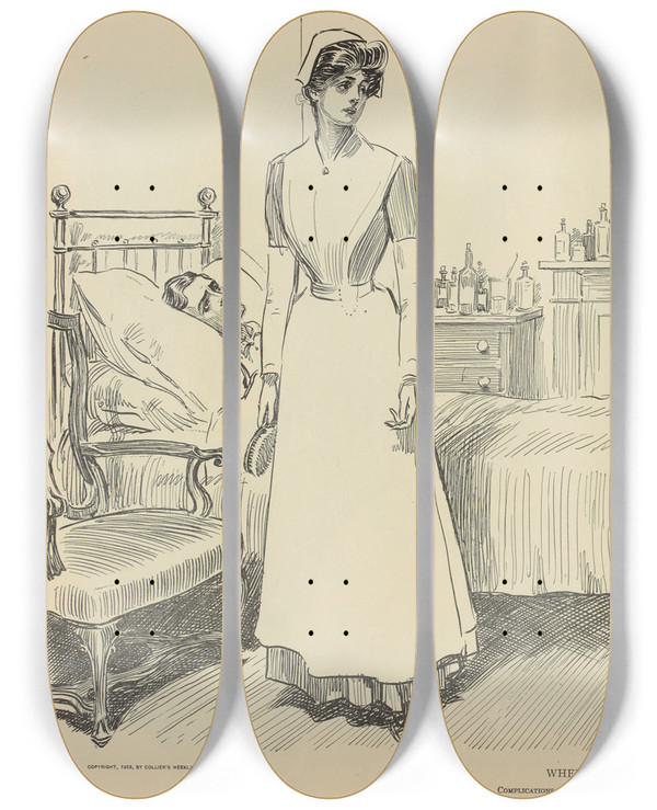 Triptych art skateboard deck of Charles Dana Gibson When A Bachelor Is Ill by Charles Dana Gibson (1867-1944)