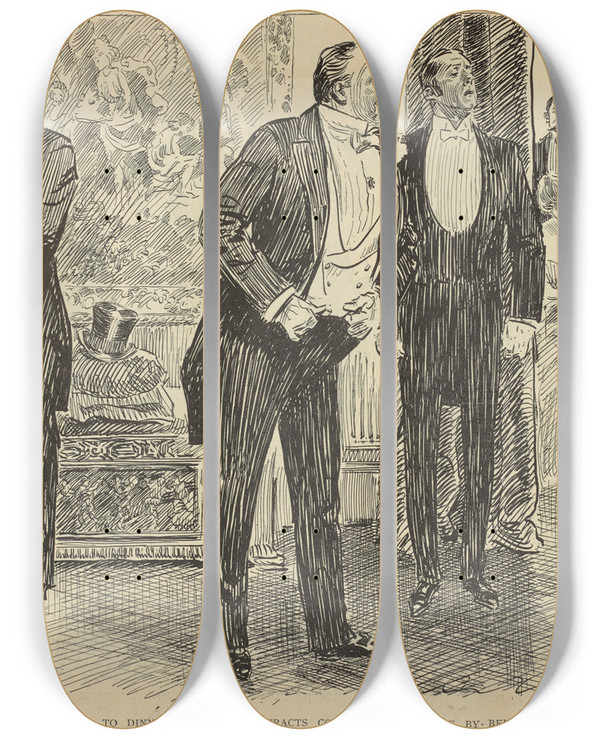 Triptych art skateboard deck of Charles Dana Gibson When Invited To Dinner Mr Tagg Attracts Considerable Notice By Being Late by Charles Dana Gibson (1867-1944)