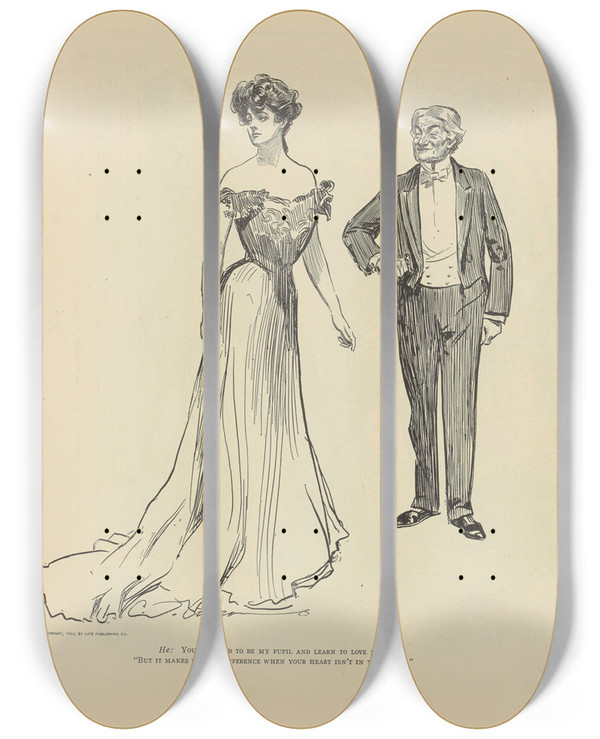 Triptych art skateboard deck of Charles Dana Gibson Where Ignorance Etc by Charles Dana Gibson (1867-1944)