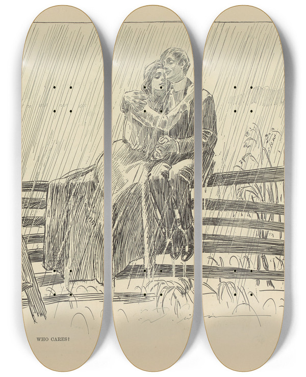 Triptych art skateboard deck of Charles Dana Gibson Who Cares by Charles Dana Gibson (1867-1944)