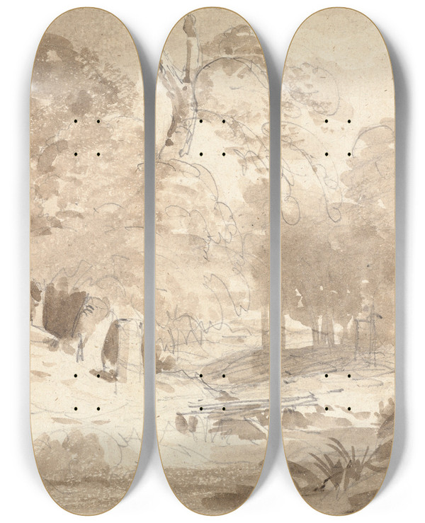 Triptych art skateboard deck of Carl Blechen Rural Landscape In The Mark Brandenburg by Carl Blechen (1798-1840)