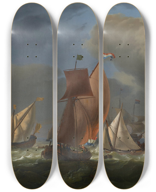 Triptych art skateboard deck of Ludolf Bakhuysen The Manowar Bruinvisch And Other Ships In Rough Sea by Ludolf Backhuysen (1630-1708)