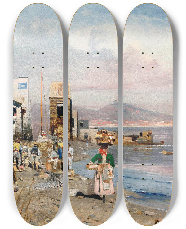 Triptych art skateboard deck of Robert Alott Fisherfolk On The Neapolitan Coast by Robert Alott (1850-1910)