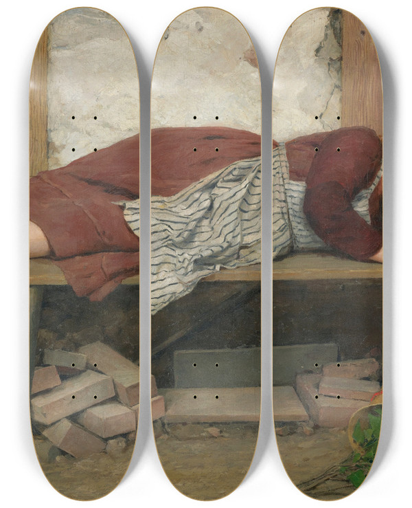 Triptych art skateboard deck of Albert Anker Sleeping Girl On A Wooden Bench by Albert Anker (1831-1910)