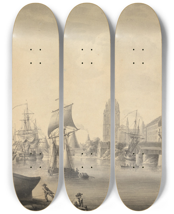 Triptych art skateboard deck of Nicholas Pocock Bristol by Nicholas Pocock (1740-1821)