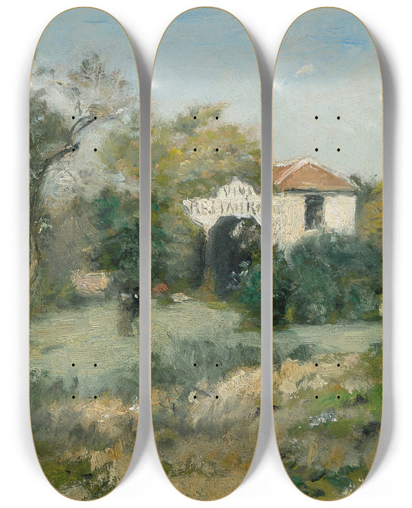 Triptych art skateboard deck of Stanislas Lpine La Maison Blanche Bois De Meudon by Stanislas Lepine (1835-1892)