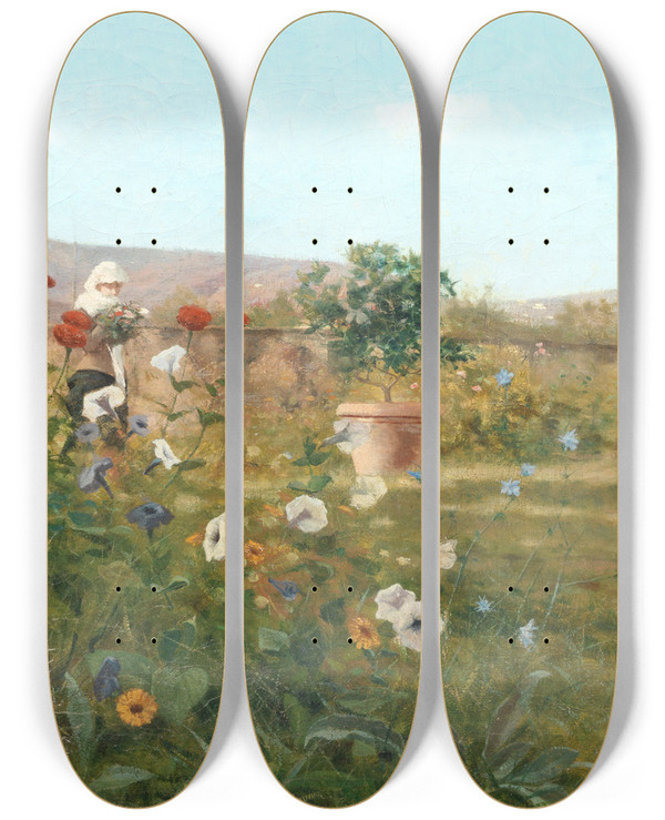 Triptych art skateboard deck of Angiolo Tommasi Giardino Con Donna by Angiolo Tommasi (1858-1923)