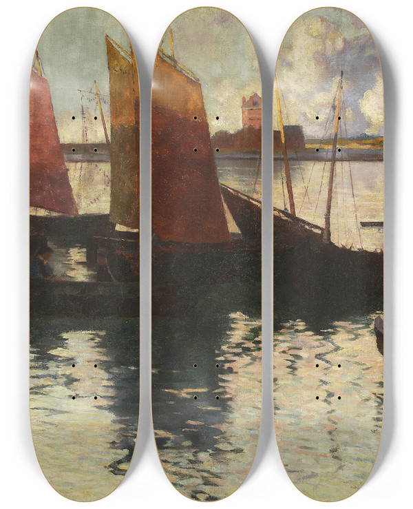 Triptych art skateboard deck of Maria Schayergrska Sail Boats And Other Boats On The River by Maria Schayer-Grska (1876-1944)