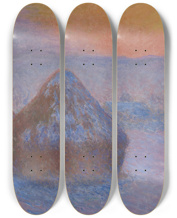 Triptych art skateboard deck of Claude Monet Stacks Of Wheat Sunset Snow Effect by Claude Monet (1840-1926)