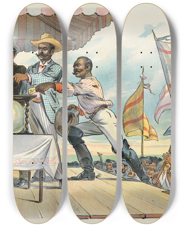Triptych art skateboard deck of Udo Keppler The Next Step As It Looks Now by Udo Keppler (1872-1956)