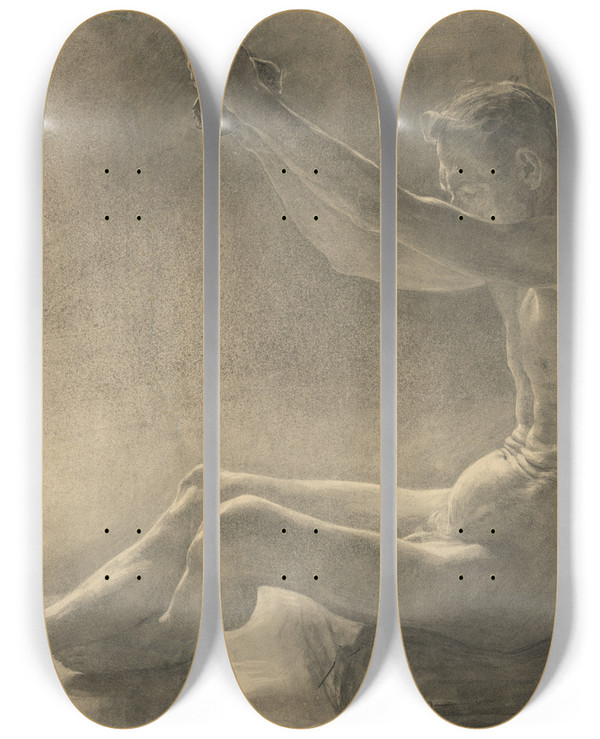 Triptych art skateboard deck of Jozef Hanula Study Of A Sitting Male Nude With Arms Raised by Jozef Hanula (1863-1944)