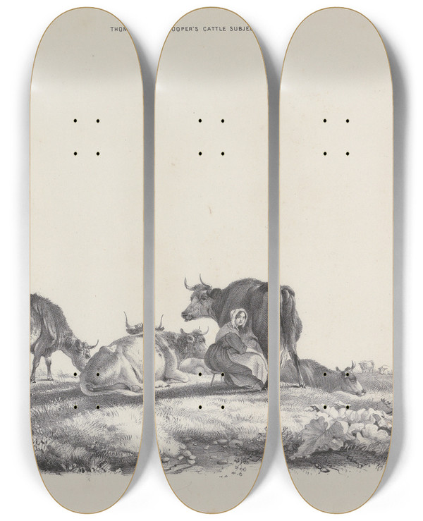 Triptych art skateboard deck of Thomas Sidney Cooper Thomas Sydney Coopers Cattle Subjects Pl23 by Thomas Sidney Cooper (1803-1902)