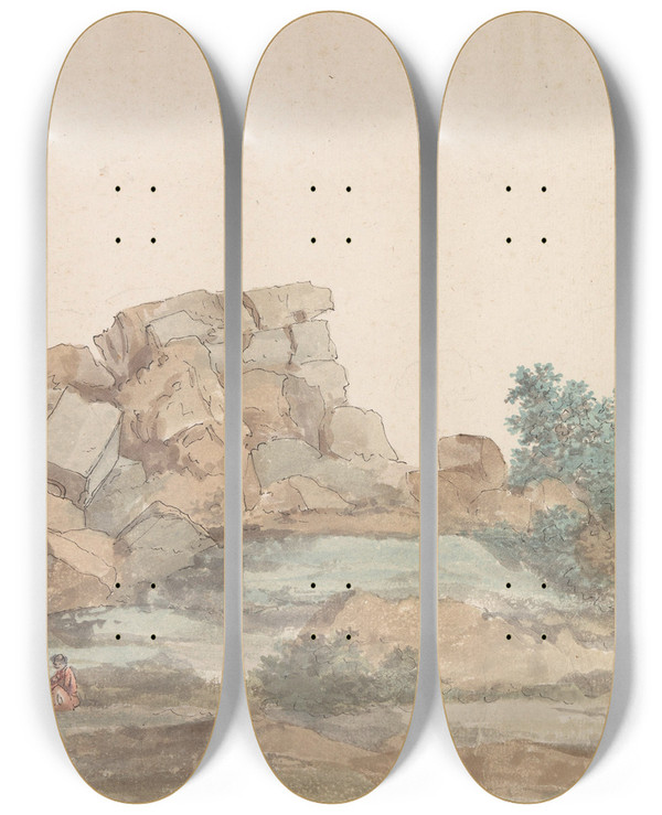 Triptych art skateboard deck of Abrahamlouisrodolphe Ducros Resten Van Zeus Olympus Tempel Bij Agrigento by Abraham-Louis-Rodolphe Ducros (1748-1810)