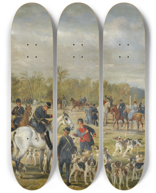 Triptych art skateboard deck of Alfred Decaen Le Dpart Pour La Chasse by Alfred Decaen (1820-1902)