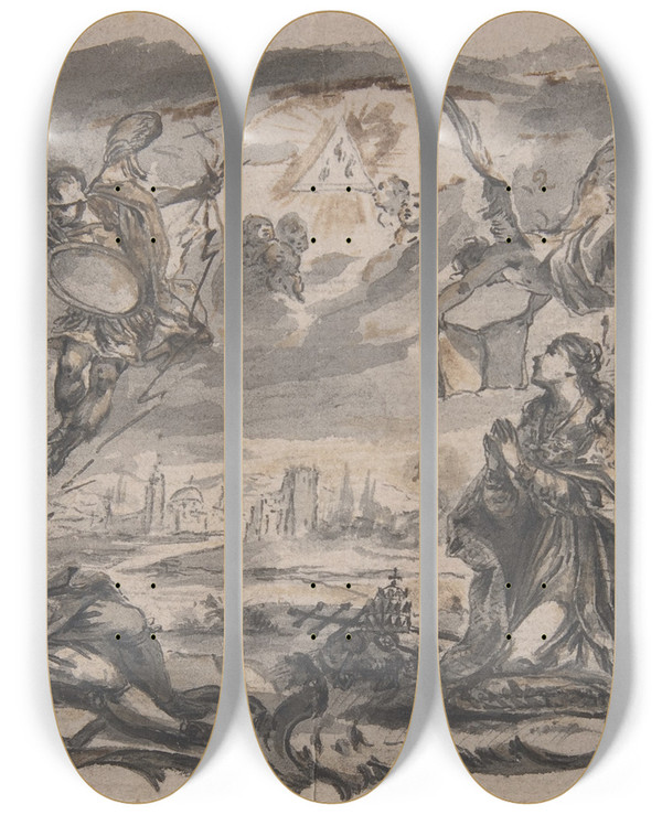 Triptych art skateboard deck of Franz Sigrist The Elder Design For Book Illustration_2 by Franz Sigrist the elder (1727-1803)