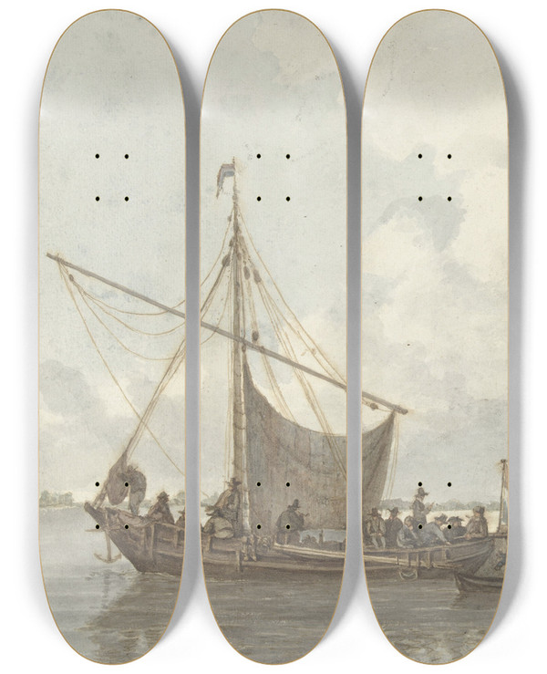 Triptych art skateboard deck of Gerrit Lamberts Riviergezicht by Gerrit Lamberts (1776-1850)
