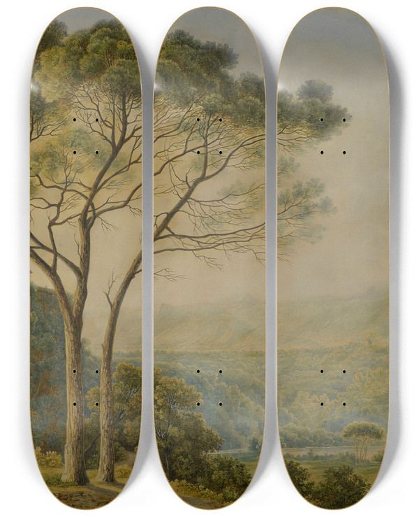 Triptych art skateboard deck of Jakob Philipp Hackert Berglandschaft Mit Pinien by Jakob Philipp Hackert (1737-1807)