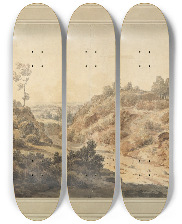 Triptych art skateboard deck of William Taverner Hilly Landscape With Two Figures On A Road by William Taverner (1700-1772)