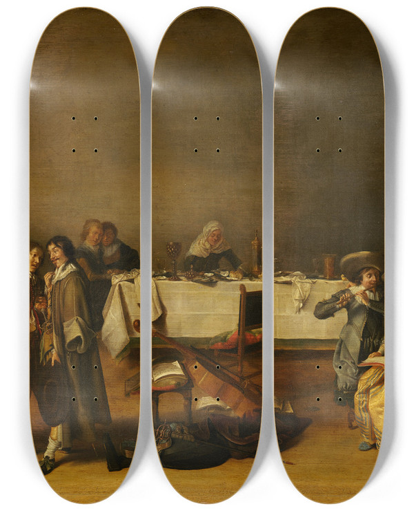 Triptych art skateboard deck of Hendrik Gerritsz Pot A Merry Company by Hendrik Gerritsz Pot (1580-1657)