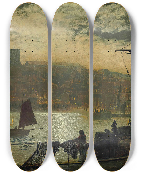Triptych art skateboard deck of John Atkinson Grimshaw Whitby Abbey And Church by John Atkinson Grimshaw (1836-1893)