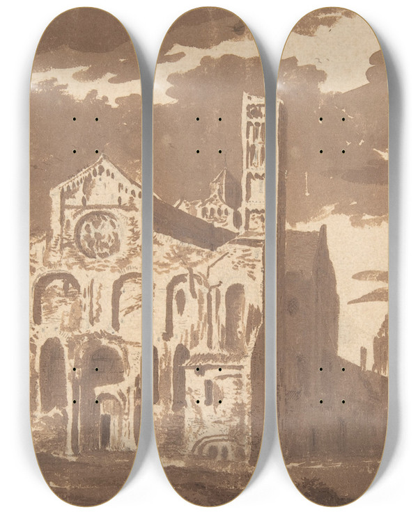 Triptych art skateboard deck of Jacob Van Der Ulft The Mariakerk In Utrecht by Jacob van der Ulft (1627-1689)