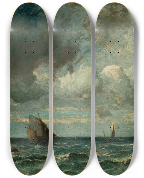 Triptych art skateboard deck of Jules Dupr Barks Fleeing Before The Storm by Jules Dupre (1811-1889)
