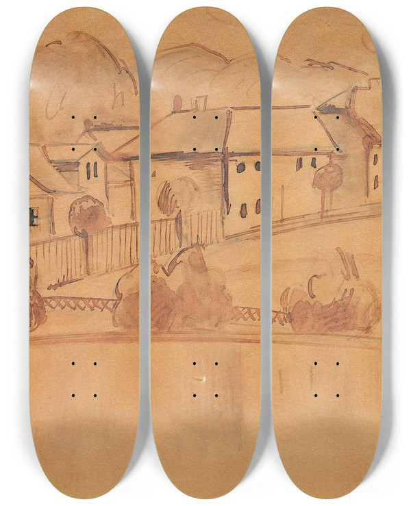 Triptych art skateboard deck of Anita Re Huser Am Weiher by Anita Ree (1885-1933)