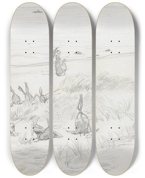 Triptych art skateboard deck of Hans Gude Kvinne Med Barn Og Ankere P Stranden Ghren by Hans Gude (1825-1903)