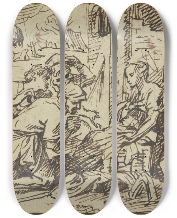 Triptych art skateboard deck of Pieter Van Mol Adoration Of The Shepherds by Pieter Van Mol (1599-1650)