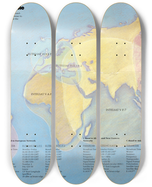 Triptych art skateboard deck of Us Information Agency Worldnet International Broadcast Schedule by U S Information Agency (1953-1999)
