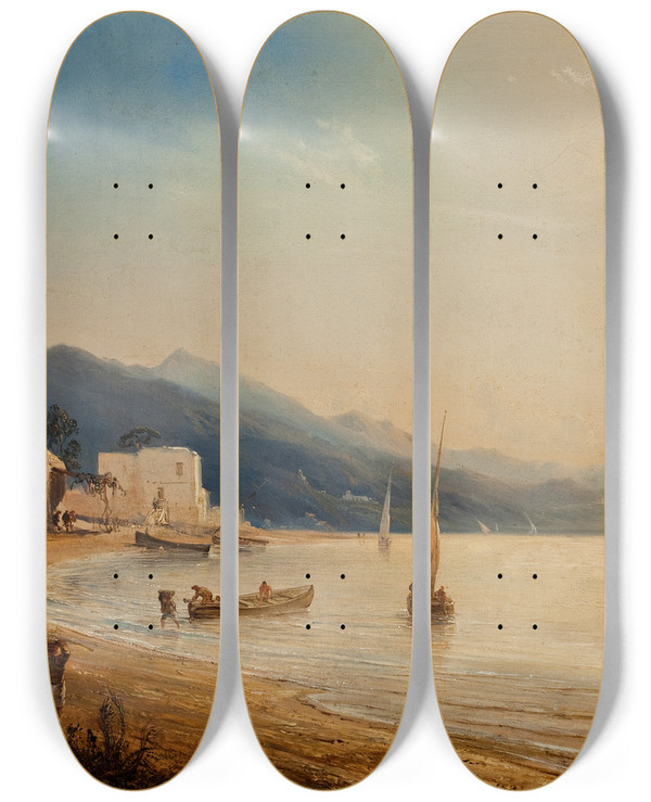Triptych art skateboard deck of Thodore Gudin The Coast Near Naples by Theodore Gudin (1802-1880)