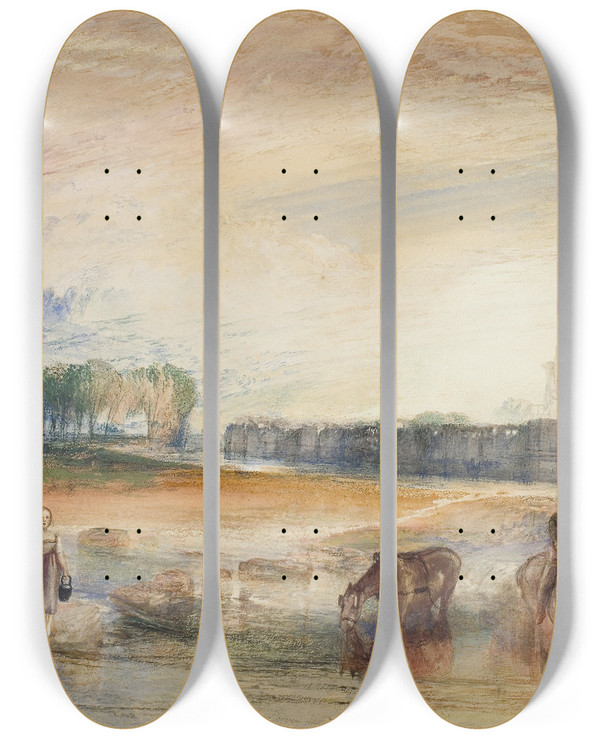 Triptych art skateboard deck of Joseph Mallord William Turner Sunset And Moonrise by Joseph Mallord William Turner (1775-1851)