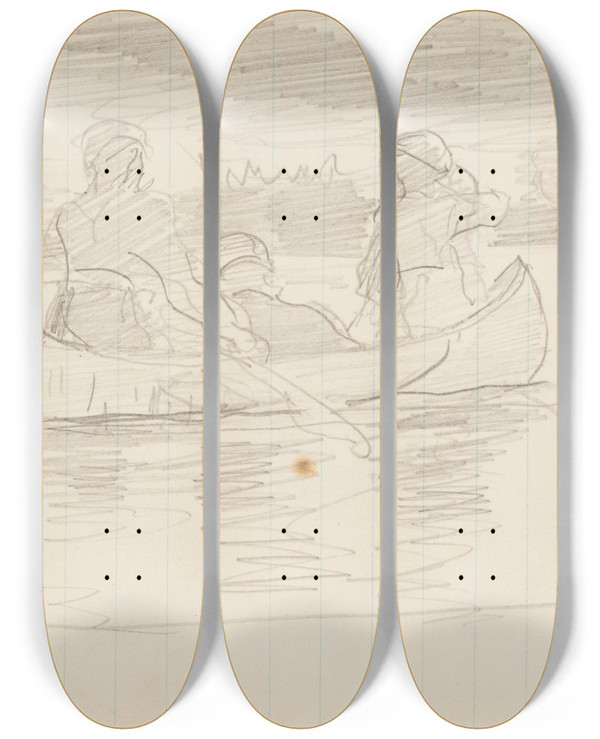 Triptych art skateboard deck of Winslow Homer Three Men In A Canoe Il Manigne Quebec by Winslow Homer (1836-1910)