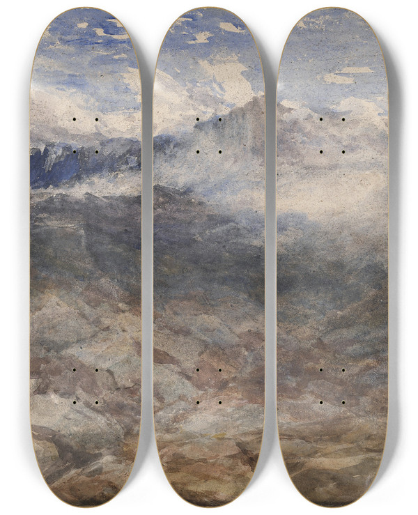 Triptych art skateboard deck of David Cox Mountain Heights Cader Idris by David Cox (1783-1859)