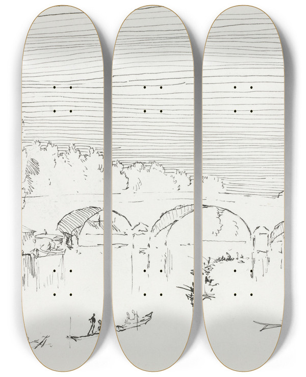 Triptych art skateboard deck of Joseph Pennell Charentonlepont by Joseph Pennell (1857-1926)
