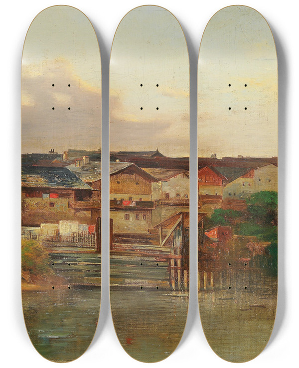 Triptych art skateboard deck of Adolf Obermllner Wehr Am Fluss by Adolf Obermullner (1833-1898)