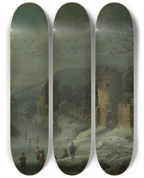 Triptych art skateboard deck of Jan Griffier Winter Landscape_1 by Jan Griffier (1648-1718)