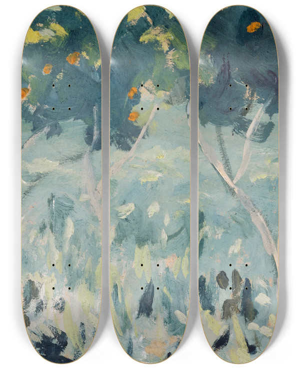 Triptych art skateboard deck of Ernst Schiess Orange Trees by Ernst Schiess (1872-1919)