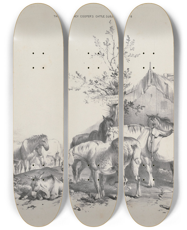 Triptych art skateboard deck of Thomas Sidney Cooper Thomas Sydney Coopers Cattle Subjects Pl08 by Thomas Sidney Cooper (1803-1902)